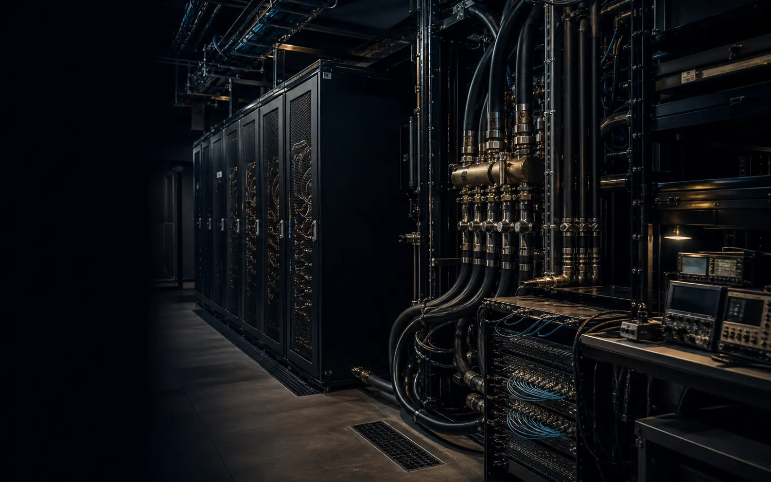 Server cabinets beside liquid-cooling lines, network cabling, and monitoring equipment