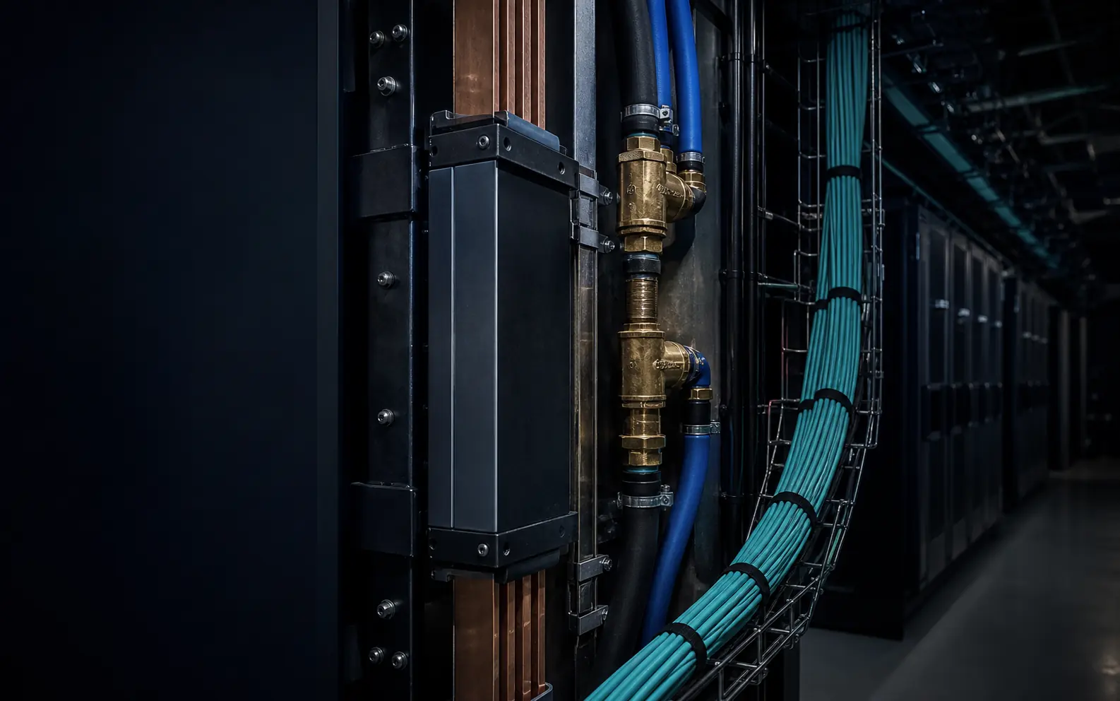Cooling lines, power busbars, and network cabling beside server cabinets