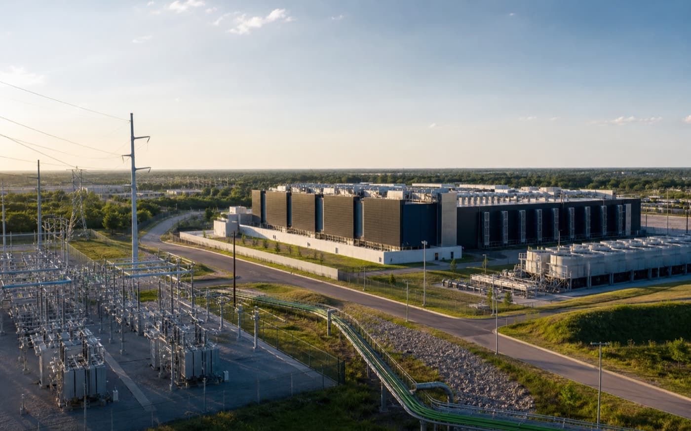 Data-center campus beside an electrical substation and cooling infrastructure
